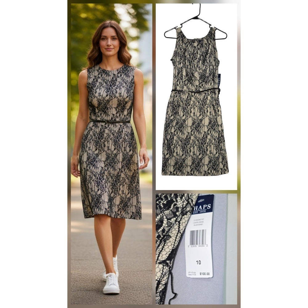 NEW Chaps Neurtal Dress Size 10 Stretch Floral Cocktail Zip Sleeveless Lace